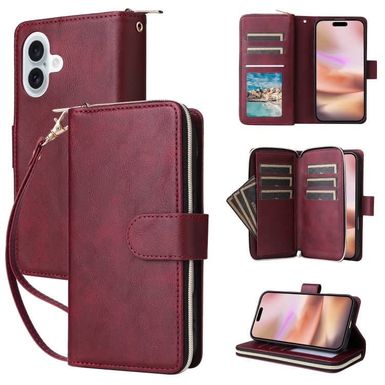 For iPhone 16 Plus 9 Card Slots Zipper Wallet Bag Leather Phone Case(Wine Red)