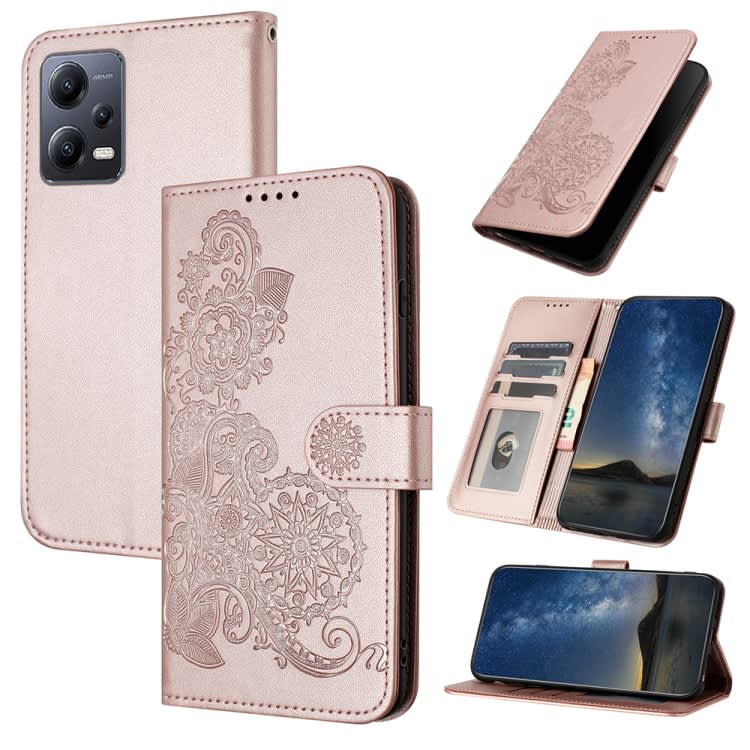 For Xiaomi Redmi Note 12 5G Global Datura Flower Embossed Flip Leather Phone Case(Rose Gold)
