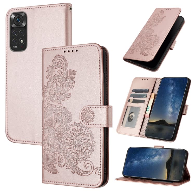 For Xiaomi Redmi Note 11 4G Global Datura Flower Embossed Flip Leather Phone Case(Rose Gold)