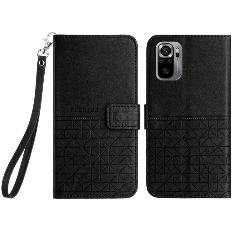 For Xiaomi Redmi Note 10 4G Rhombic Texture Leather Phone Case with Lanyard(Black)