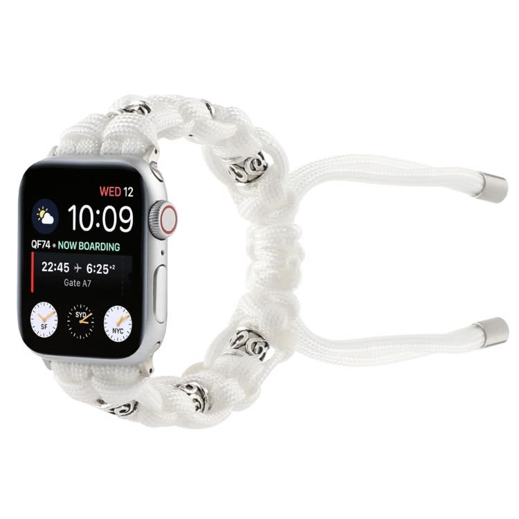 For Apple Watch Series 4 44mm Silk Silver Beads Braided Watch Band(White)