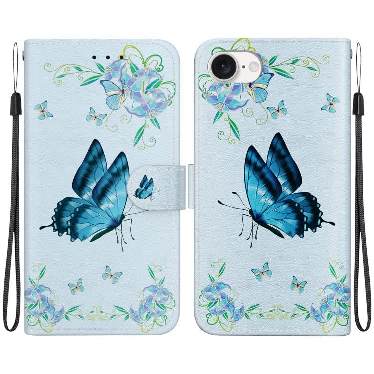 For iPhone SE 2024 Crystal Texture Colored Drawing Leather Phone Case(Blue Pansies)