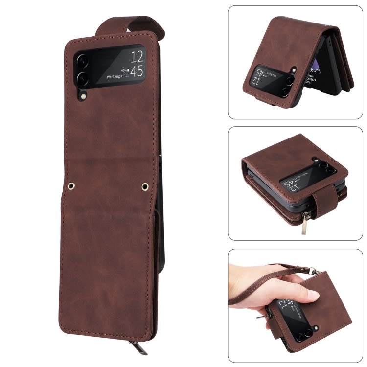 For Samsung Galaxy Z Flip3 5G Multifunctional Frosted Zipper Wallet Leather Phone Case(Coffee)