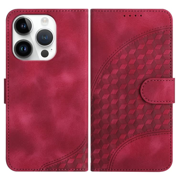 For iPhone 14 Pro YX0060 Elephant Head Embossed Phone Leather Case with Lanyard(Rose Red)
