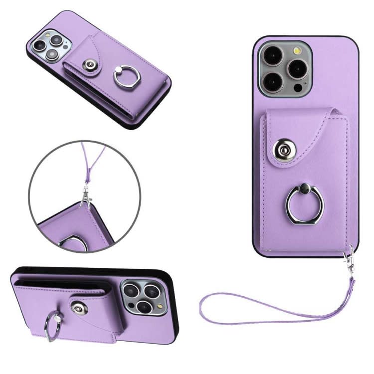 For iPhone 14 Pro Max Organ Card Bag Ring Holder PU Phone Case with Lanyard(Purple)