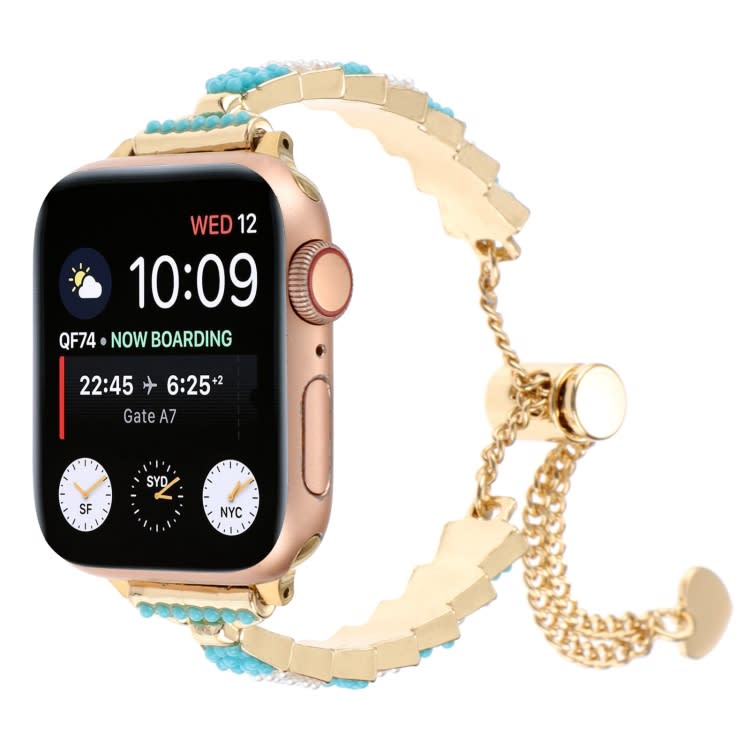 For Apple Watch Series 9 45mm Shell Beads Chain Bracelet Metal Watch Band(Blue White Gold)