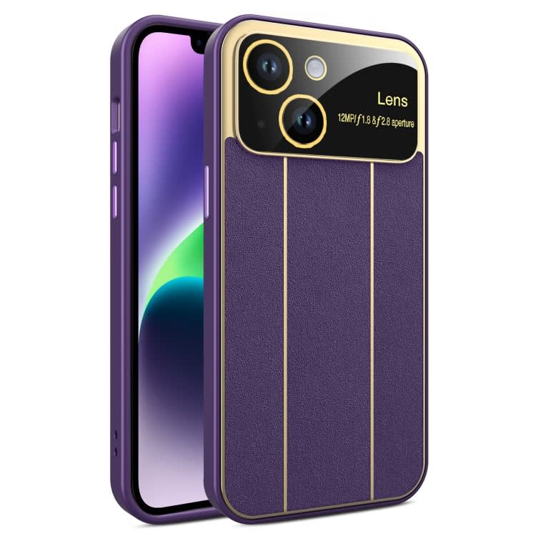 For iPhone 14 Electroplating Litchi Grain Large Window Phone Case(Purple)