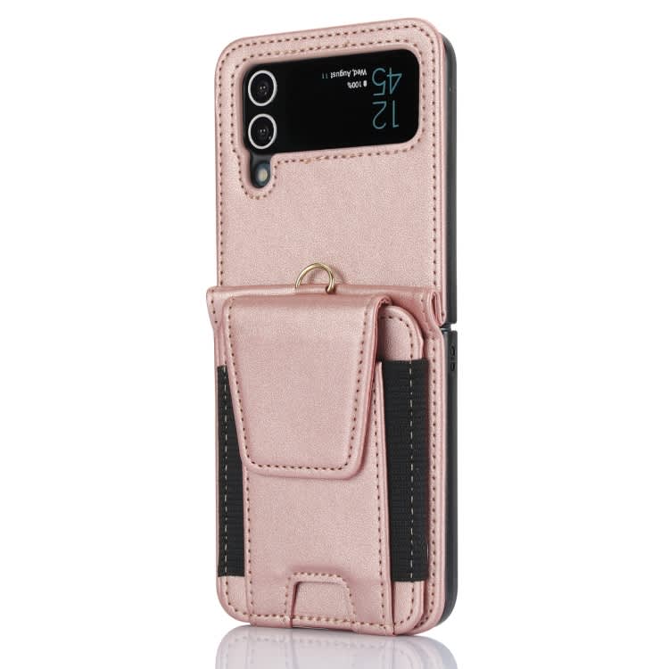 For Samsung Galaxy Z Flip4 Card Slots Folding Phone Case with Long Lanyard(Rose Gold)