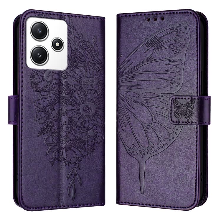 For Xiaomi Poco M6 Pro 5G / Redmi 12 4G/5G Embossed Butterfly Leather Phone Case(Dark Purple)