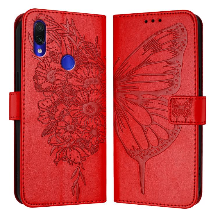 For Xiaomi Redmi Note 7/Note 7S/Note 7 Pro Embossed Butterfly Leather Phone Case(Red)