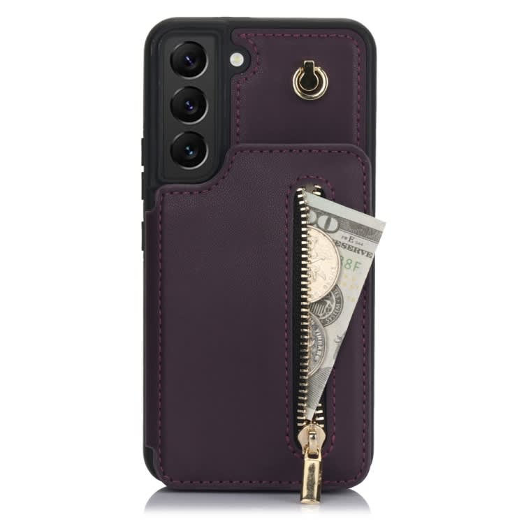 For Samsung Galaxy S22 5G YM006 Skin Feel Zipper Card Bag Phone Case with Dual Lanyard(Dark Purple)