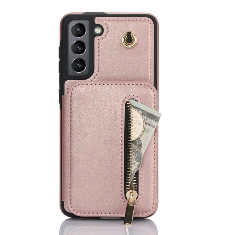 For Samsung Galaxy S21+ 5G YM006 Skin Feel Zipper Card Bag Phone Case with Dual Lanyard(Rose Gold)