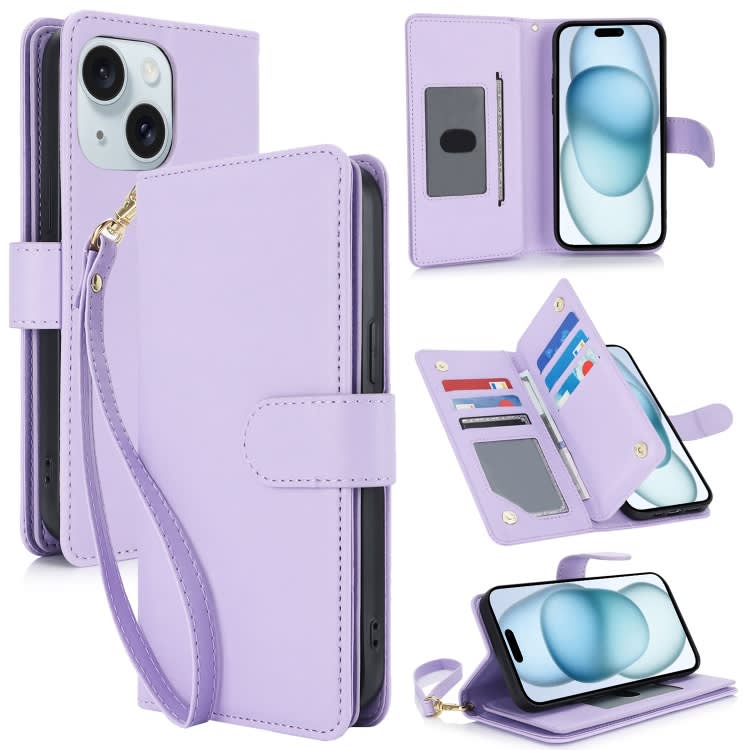For iPhone 15 Plus Multi-Card Wallet RFID Leather Phone Case(Light Purple)