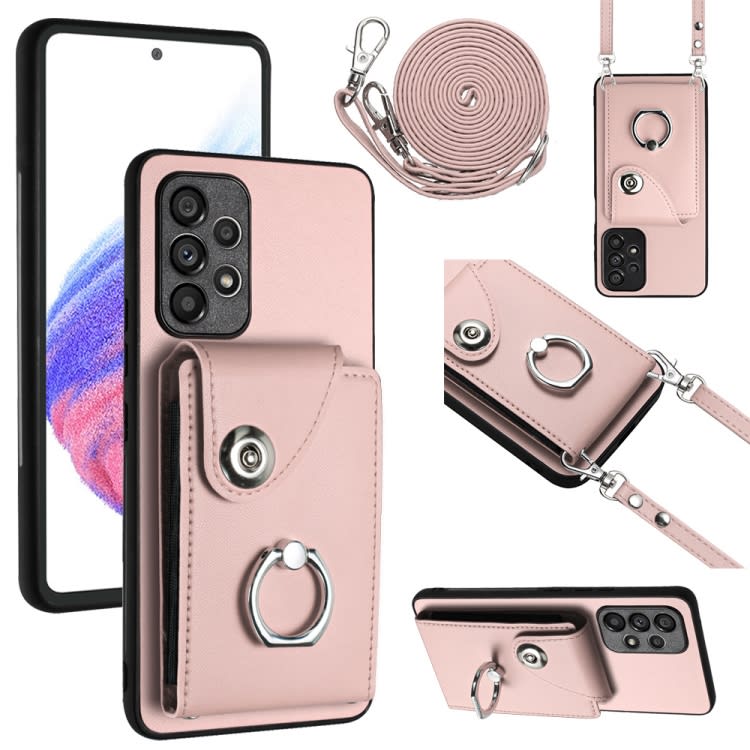 For Samsung Galaxy A53 5G Organ Card Bag Ring Holder Phone Case with Long Lanyard(Pink)