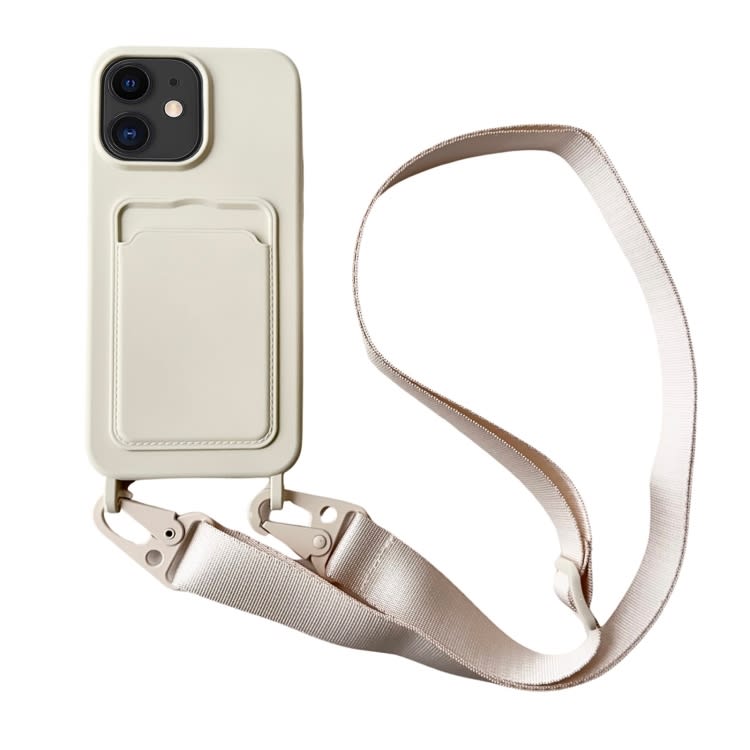 For iPhone 12 Card Slot Liquid Silicone Phone Case with Lanyard(White)