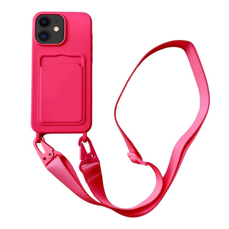For iPhone 12 Card Slot Liquid Silicone Phone Case with Lanyard(Rose Red)