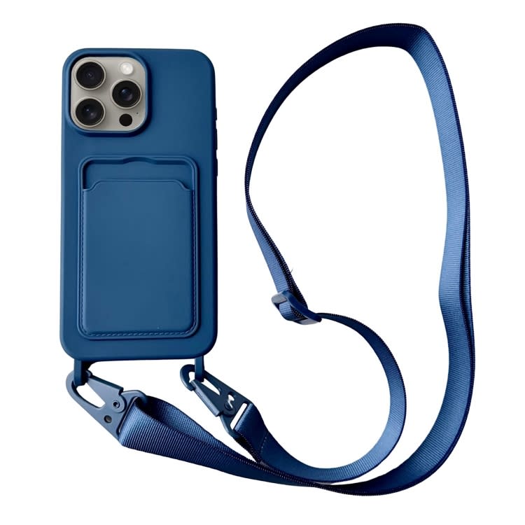 For iPhone 14 Pro Max Card Slot Liquid Silicone Phone Case with Lanyard(Royal Blue)