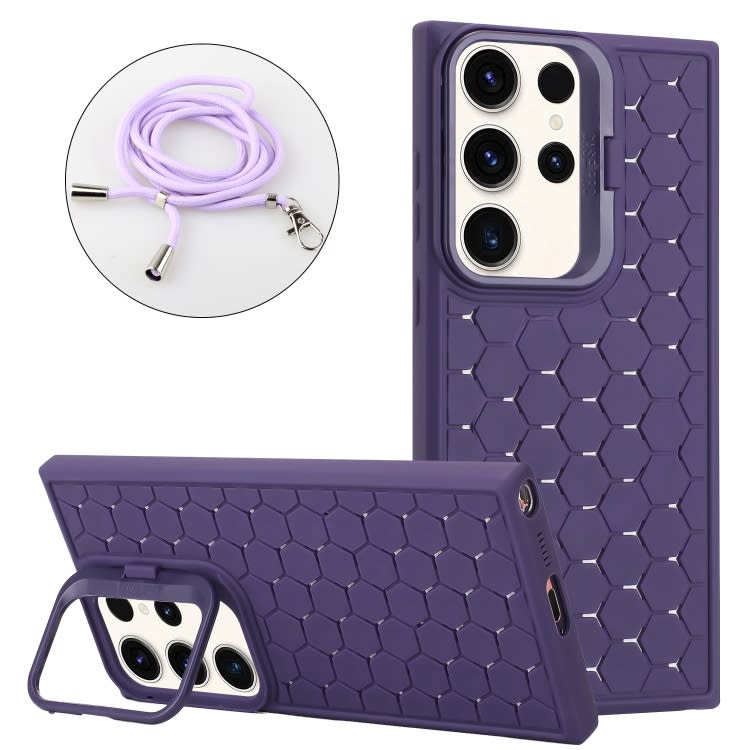 For Samsung Galaxy S23 Ultra 5G Honeycomb Radiating Lens Holder Magsafe Phone Case with Lanyard(Pur
