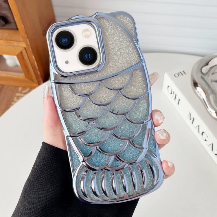 For iPhone 14 Mermaid Shape Glitter Paper Embossed Electroplated TPU Phone Case(Blue)