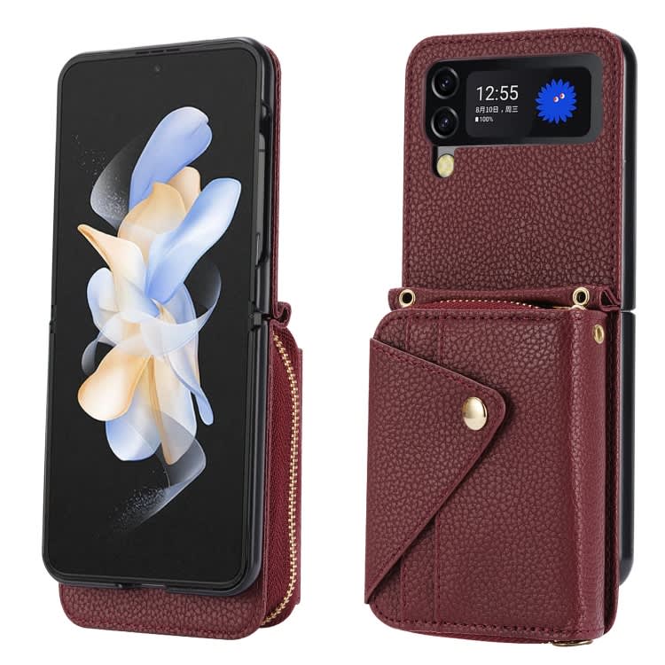 For Samsung Galaxy Z Flip3 5G Crossbody Zipper Card Bag RFID Anti-theft Phone Case(Wine Red)