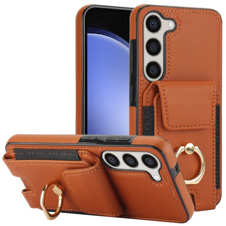 For Samsung Galaxy S23+ 5G Elastic Card Bag Ring Holder Phone Case(Brown)