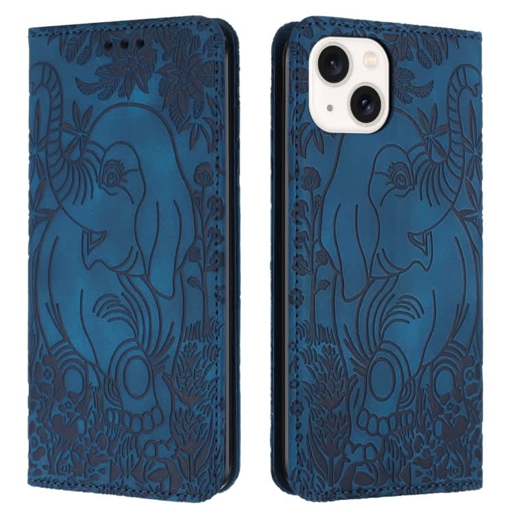 For iPhone 14 Plus Retro Elephant Embossed Leather Phone Case(Blue)