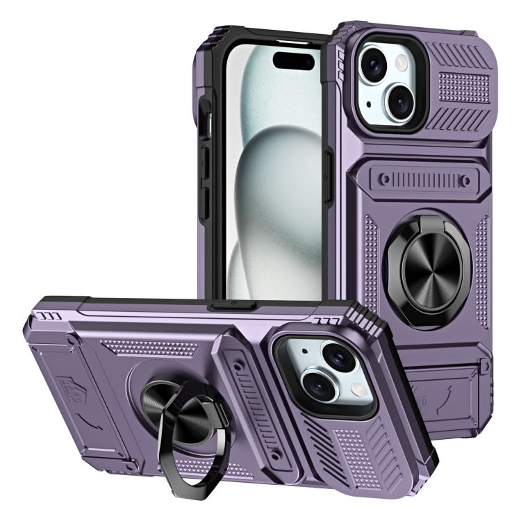 For iPhone 15 TPU+PC Shockproof Card Phone Case with Metal Ring Holder(Purple)