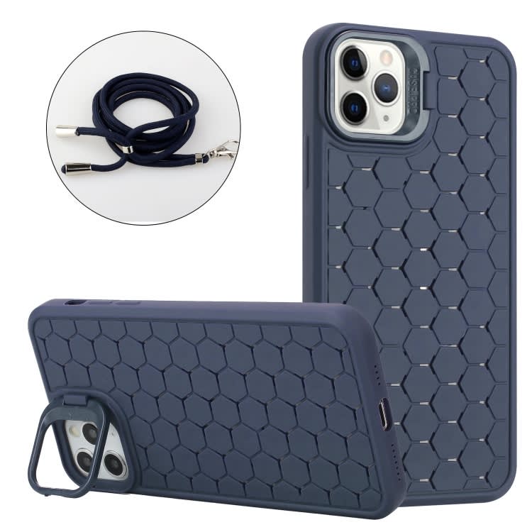 For iPhone 12 Pro Max Honeycomb Radiating Holder TPU Phone Case with Lanyard(Blue)