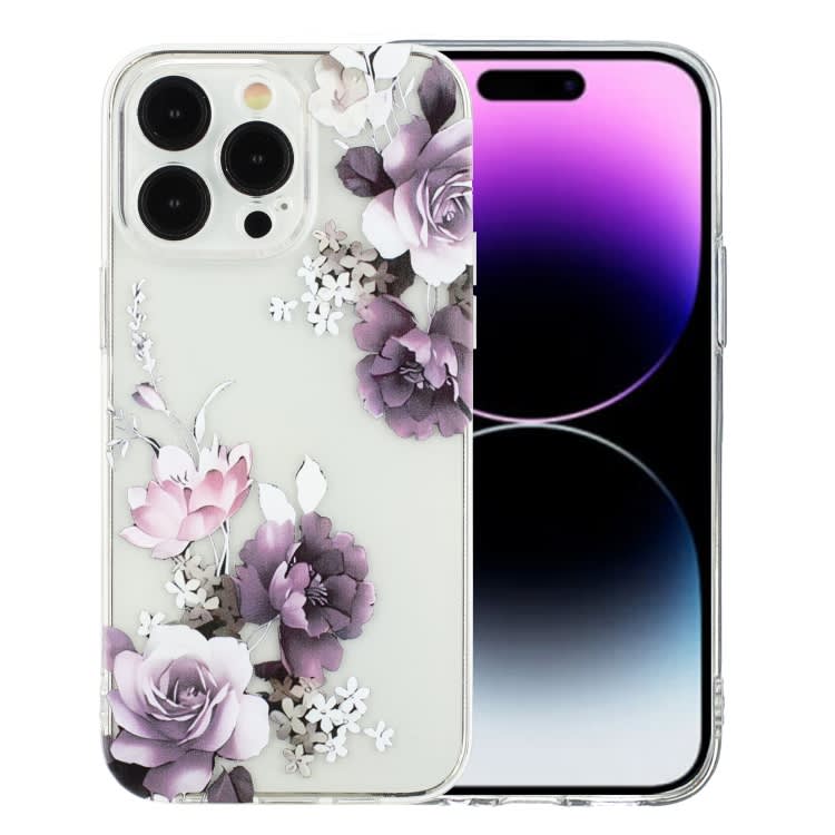 For iPhone 15 Pro Colorful Painting Pattern TPU Phone Case(Peony)