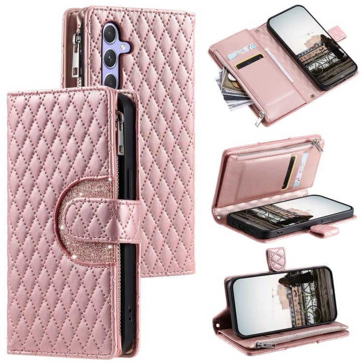 For Samsung Galaxy A35 5G Glitter Lattice Zipper Wallet Leather Phone Case(Rose Gold)