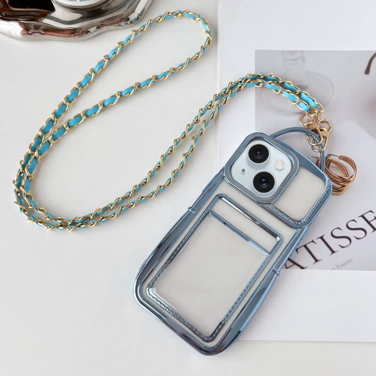 For iPhone 14 Plus Electroplated Clear Card Slot TPU Phone Case with Crossbody Chain(Blue)