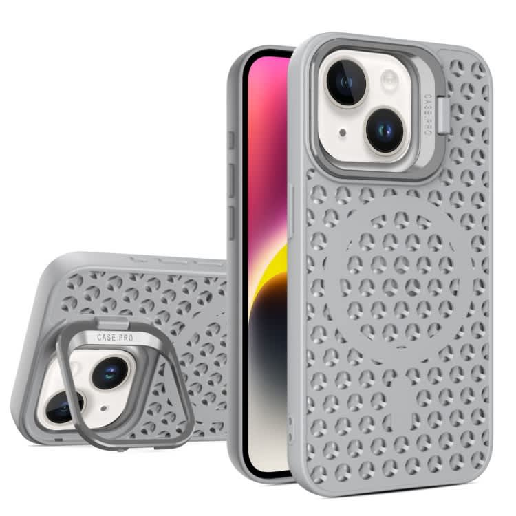 For iPhone 14 Hollow Cooling Lens Holder MagSafe Magnetic TPU Phone Case(Grey)
