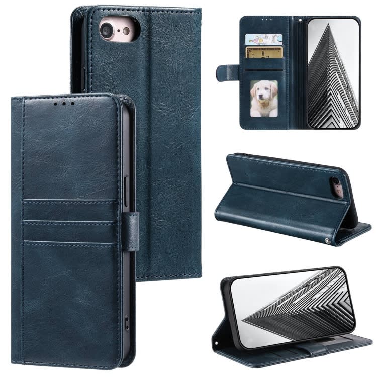 For iPhone 7 / 8 / SE 2022 Simple 6-Card Wallet Leather Phone Case(Navy Blue)