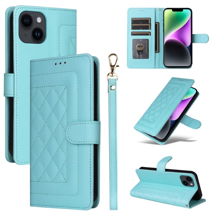 For iPhone 14 Diamond Lattice Leather Flip Phone Case(Mint Green)