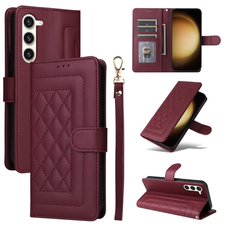 For Samsung Galaxy S23+ 5G Diamond Lattice Leather Flip Phone Case(Wine Red)