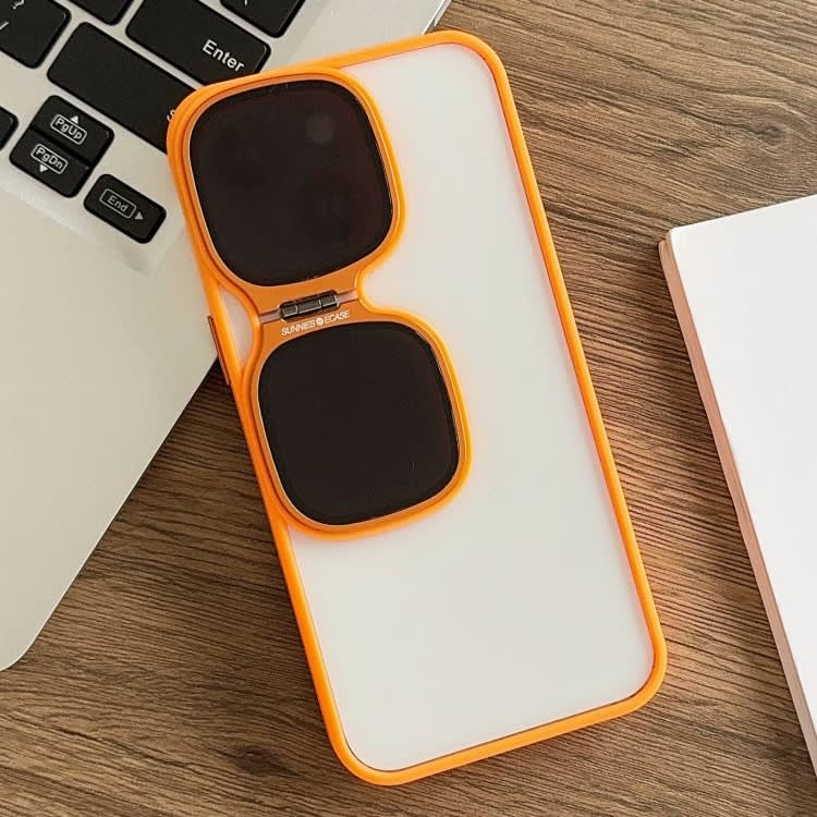 For iPhone 14 Metal Sunglasses Holder TPU + PC Phone Case(Orange)