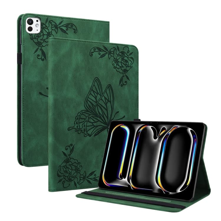 For iPad Pro 11 2024 Butterfly Flower Embossed Leather Tablet Case(Green)