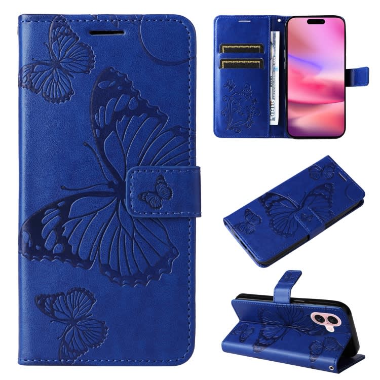 For iPhone 16 3D Butterfly Embossed Pattern Flip Leather Phone Case(Blue)