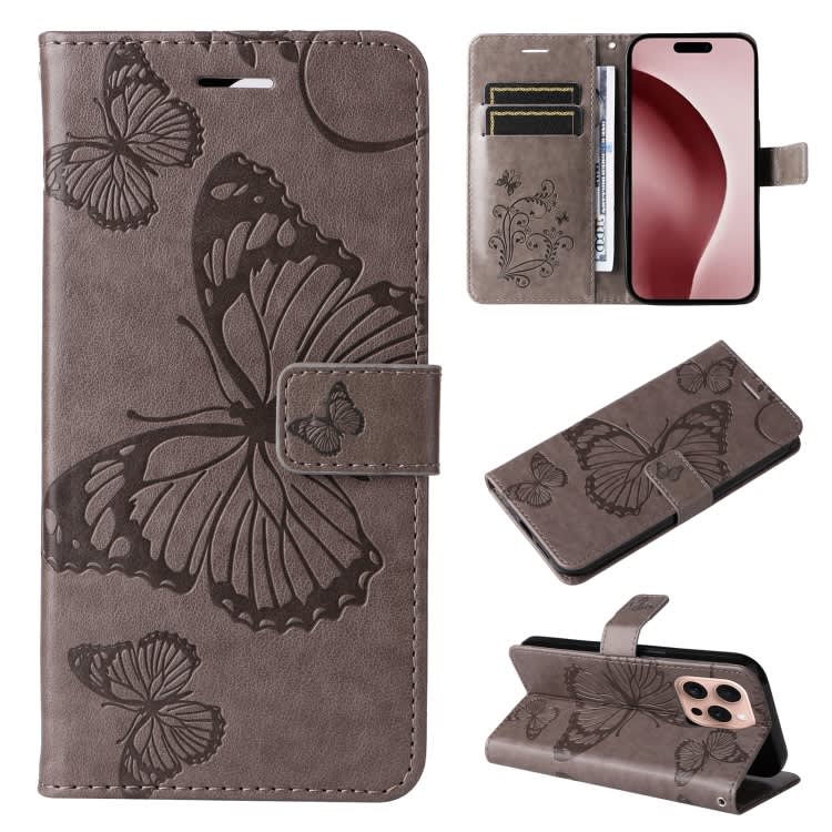 For iPhone 16 Pro 3D Butterfly Embossed Pattern Flip Leather Phone Case(Grey)