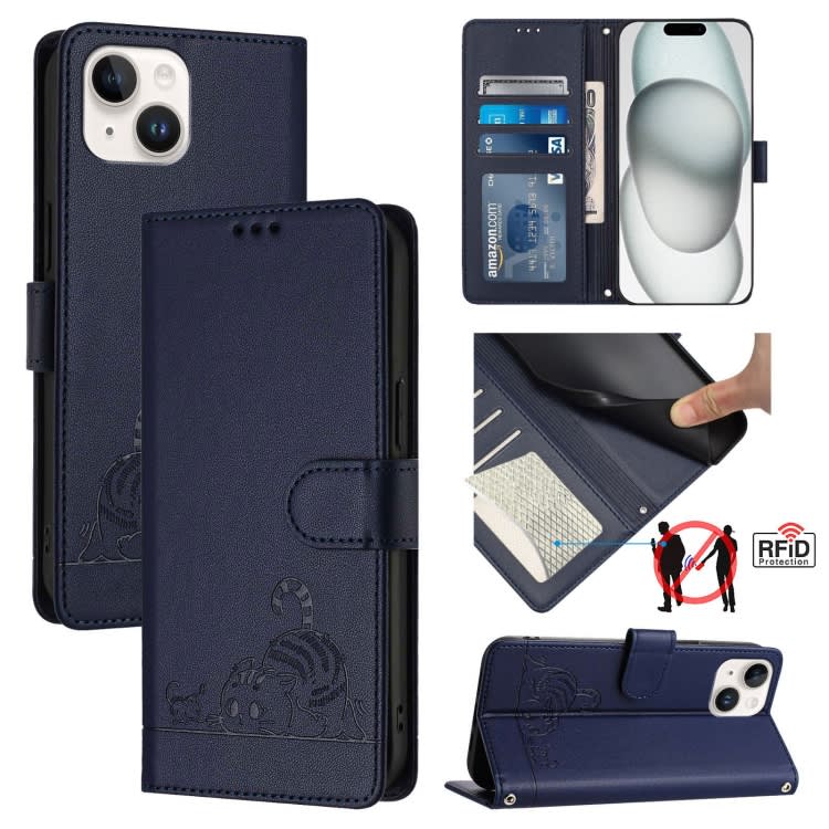 For iPhone 15 Cat Rat Embossed Pattern RFID Leather Phone Case with Lanyard(Blue)