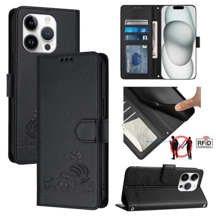 For iPhone 14 Pro Cat Rat Embossed Pattern RFID Leather Phone Case with Lanyard(Black)