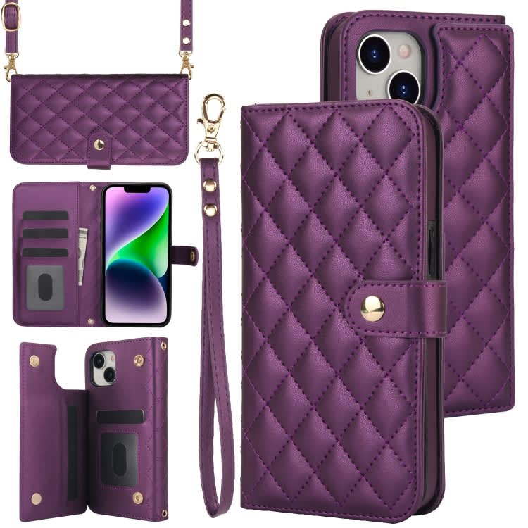 For iPhone 14 Plus Crossbody Multifunction Rhombic Leather Phone Case(Dark Purple)