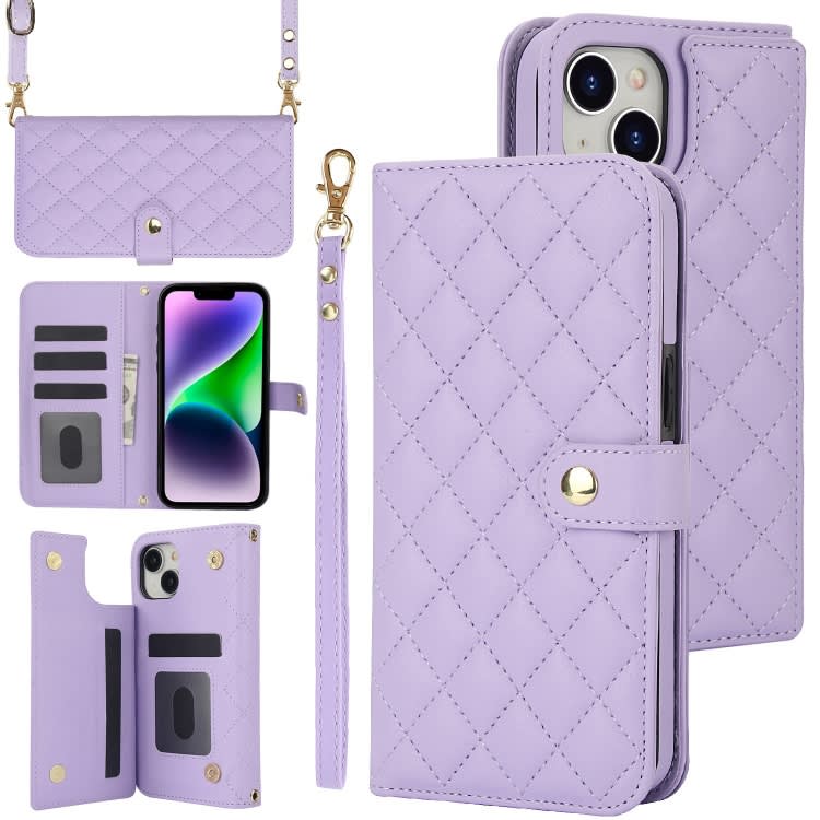 For iPhone 14 Plus Crossbody Multifunction Rhombic Leather Phone Case(Purple)