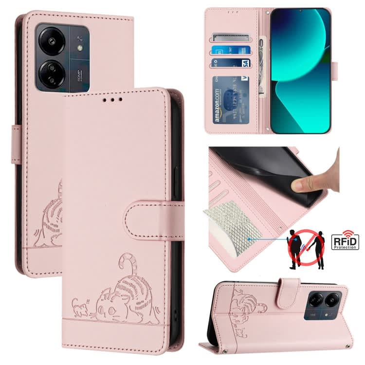 For Xiaomi POCO M6 5G Global Cat Rat Embossed Pattern RFID Leather Phone Case with Lanyard(Pink)