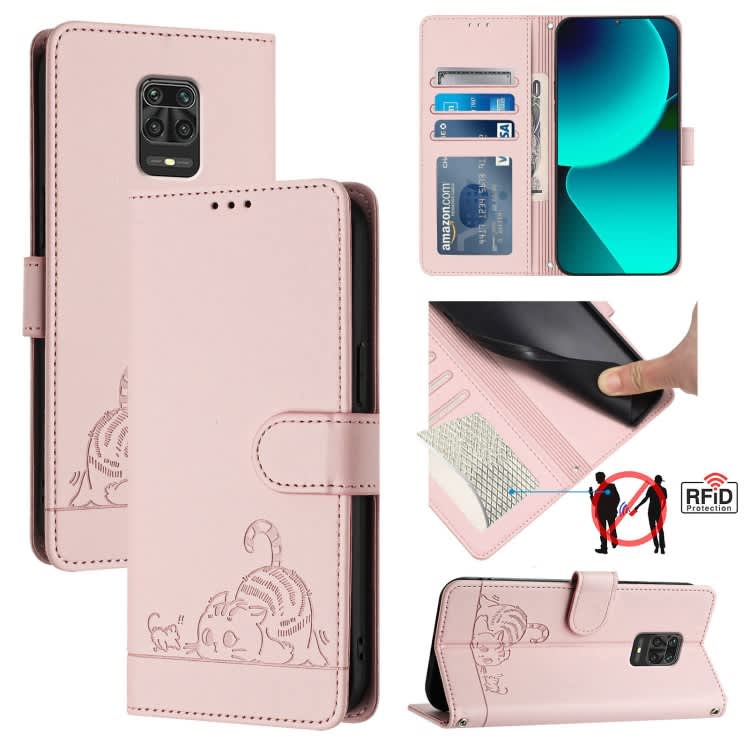 For Xiaomi Redmi Note 9 Pro 4G Cat Rat Embossed Pattern RFID Leather Phone Case with Lanyard(Pink)