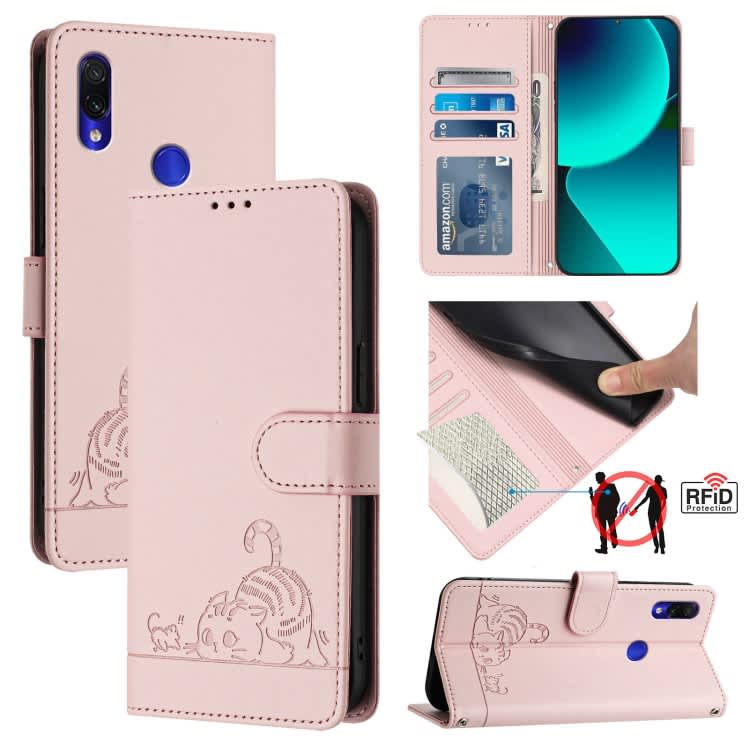 For Xiaomi Redmi Note 7 Pro Cat Rat Embossed Pattern RFID Leather Phone Case with Lanyard(Pink)