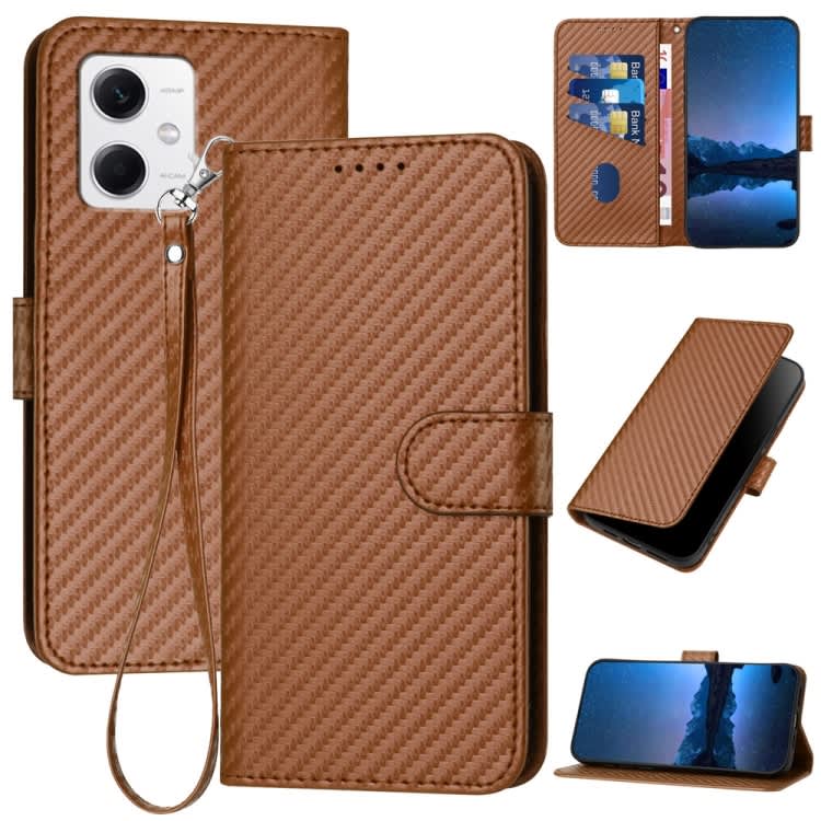 For Xiaomi Redmi Note 12 5G Global YX0070 Carbon Fiber Buckle Leather Phone Case with Lanyard(Coffe