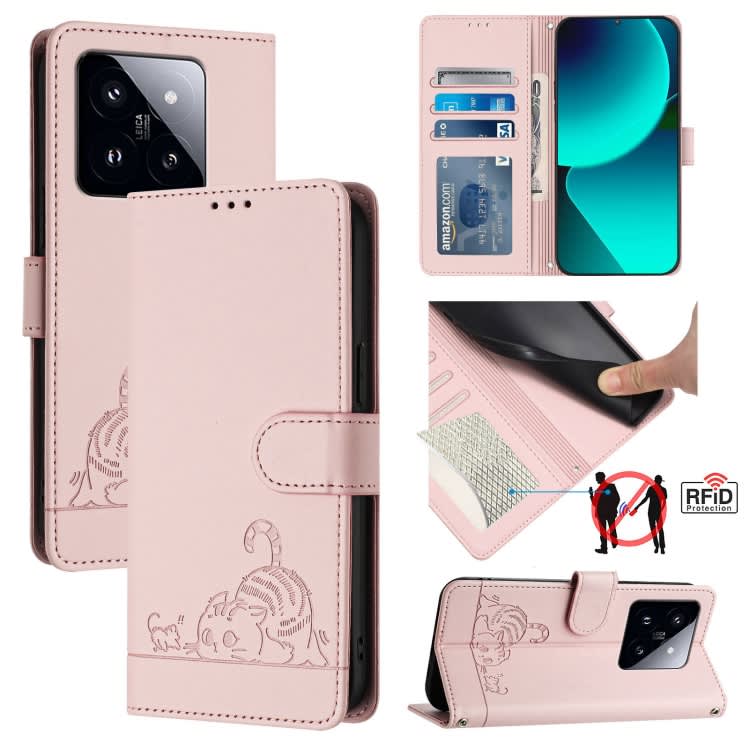 For Xiaomi 14 Pro 5G Cat Rat Embossed Pattern RFID Leather Phone Case with Lanyard(Pink)
