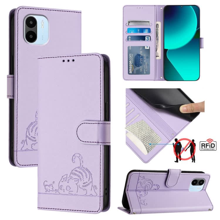 For Xiaomi Redmi A2 4G Cat Rat Embossed Pattern RFID Leather Phone Case with Lanyard(Purple)