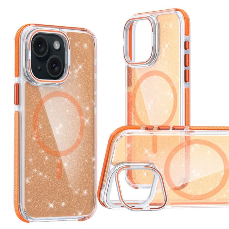 For iPhone 15 Two-color Glitter Powder Lens Holder Magsafe Phone Case(Orange)